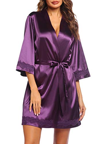 Ekouaer Silk Robes For Women Sexy Nightgowns Kimono Robe Short Pure Color Bathrobes With Lace Trim #TOP2