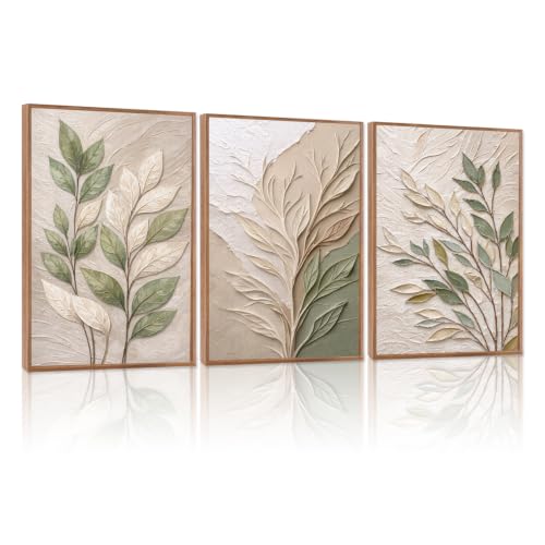 Image of CHDITB 3D Impasto Sage Green Leaf Wall Art, Boho Earth‑Tone Foliage Decor