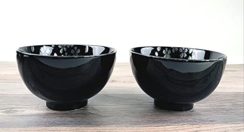 Japanbargain 4690, Japanese Porcelain Rice Bowls Gift Set,Cherry Blossom Sakura Pattern Miso Soup Bowls, Black And Silver Color, Set Of 5, Made In Japan #TOP4
