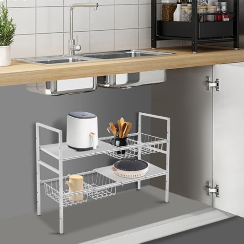 Organizador para debajo del lavabo, estante expandible de 2 niveles, altura ajustable, acero inoxidable, para baño y cocina miniatura 4