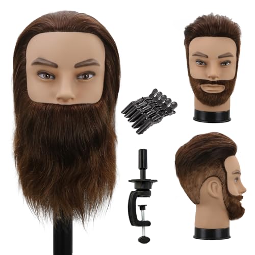 Male Mannequin Head Training Head with 100% Human Hair 12inch Barber Mannequin Head Male Mannequin Head With Beard for Hair Styling Practicing Cut StylingDark Brown