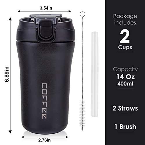 14 Oz Travel Coffee Mug, 2 Pack Vacuum Insulated Coffee Travel Mug Spill Proof With Lid And Straw, Stainless Steel Reusable Coffee Tumbler For Hot And Cold Drinks, Gift For Men And Women(Black White) #TOP4