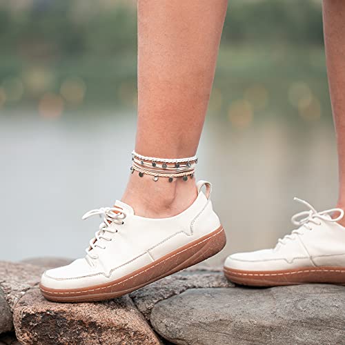 Fancy Shiny Boho Ankle Bracelets Waterproof String Anklets Braided Rope Anklet Beach Surfer Anklets Cute Coin Foot Jewelry For Women Teen Girls(White) #TOP1