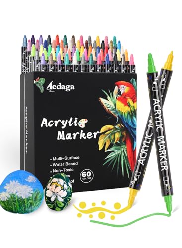 HornedDragon 60 Couleurs Feutre Acrylique, Acrylic Marker Double Pointe | Fine & Ronde | Séchage rapide | Non toxique | Waterproof | Feutres Coloriage Adulte | Acrylic Marker pour Verre, Œufs, Pierre