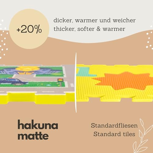 Hakuna Matte Straße Puzzlematte Baby 120x120 cm – Autoteppich Kinder 16 Platten, 11 Autos – 20% dickere & weichere Spielmatte – schadstofffreie, geruchlose, Pflegeleichte – plastikfreie Verpackung