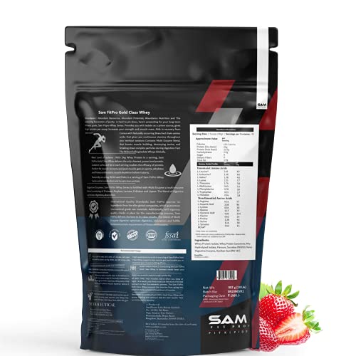 Image of SamFit Pro Gold Class Whey Protein | Straw Berry | 907g | 24 Gram Protein per Scoop | USA Made Whey| 0g Trans Fat | Keto Friendly Protein Powder, For Fat loss and Maintaining Lean Muscles|