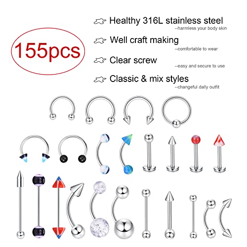 Ubjuliwa 175Pcs Piercing Jewelry Kit Piercing Needles Stainless Steel Acrylic 14G 16G Nose Septum Horseshoe Lip Tongue Eyebrow Tragus Belly Tongue Nipple Barbell Rings Piercing Jewelry Kit Tool #TOP1