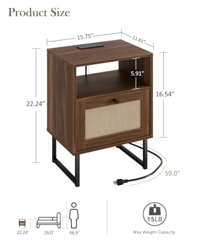 Image of Rattan Nightstand with Charging Station, Boho Night Stand Farmhouse Wood Bedside Table with Storage and Open Shelf, End Side Accent Table for Bedroom,Living Room,Walnut