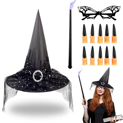 Shinybox Conjunto de Disfraz de Bruja de Halloween, 4 Piezas Diademas de Halloween, Varita Mágica, Accesorios de Mascarada, Accesorios para Disfraz, Cosplay para Suministros de Fiesta de Halloween