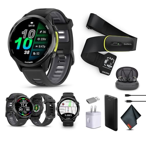 Garmin Forerunner 970 Running Smartwatch, GPS Fitness Smart Watch for Men and Women, Carbon Gray DLC Titanium with Black Case/Translucent Whitestone Band​​ + Access 600 Fitness Monitor XS-S​​ + More