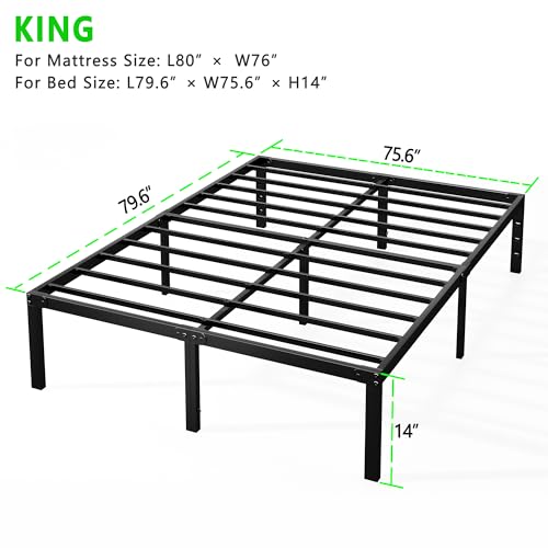 Kujielan Estrutura de cama de plataforma de metal King de 35,5 cm, suporte de ripas de metal, base d