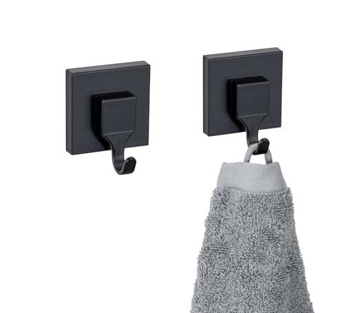 WENKO Vacuum-Loc® Wandhaken Quadro 2er Set, Bad-Haken aus Kunststoff, Befestigen ohne Bohren, Schwarz