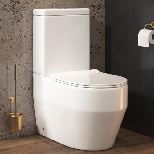 Image of Royal Bathrooms Contemporary Aspen Close Coupled Rimless Toilet with Dual Flush Cistern, Quick Release Slim Soft Close Seat, White Ceramic D-Shaped Round WC Pan