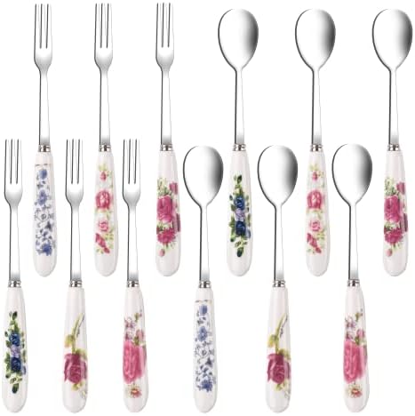 12 Pieces Forks and Spoons with Ceramics Handle, Stainless Steel Utensils Dessert Spoons and Forks Set for 6, Cutlery Set with Flower Pattern, Flatware Set for Home Restaurant and Kitchen