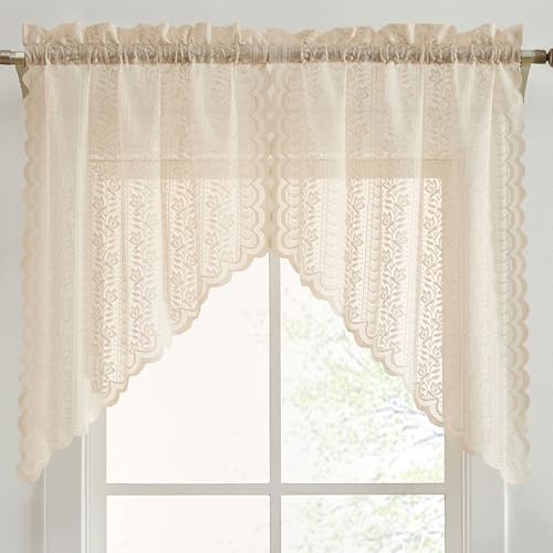 HLC.ME Sophia Floral Rod Pocket Lace Short Cafe Swags for Small Windows - 28 x 36 Inch Length (Taupe Swags, Set of 2)