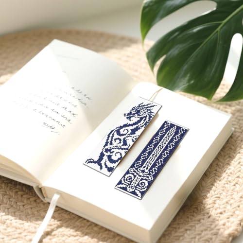 Image of FREEBLOSS 6 Set 11CT Cross Stitch Bookmarks Kit Dragon Elements Stamped Cross Stitch Kit DIY Embroidery Bookmark Set with Instruction for Adults Beginners 20x6cm /8x2.4inch