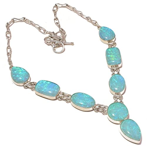 Image of jewels house Shiny Dichroic Glass Mix Shape Cabochon Gemstone Silver Overlay Handmade Y Drop Toggle Necklace for Women