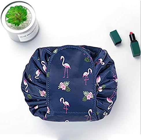 Large Capacity Lazy Makeup Toiletry Bag Drawstring Portable Travel Casual Waterproof Quick Pack Magic Makeup Storage Bag Perfect for Women Girls (DarkBlue Flamingo)