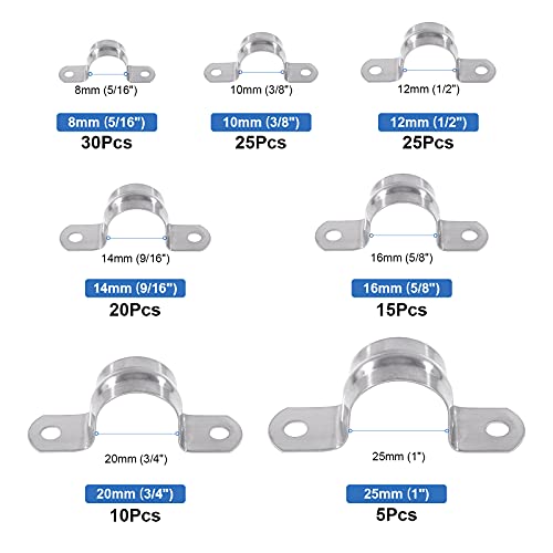Glarks 130Pcs Two Hole Strap Clamps Set M8 M10 M12 M14 M16 M20 M25 304 Stainless Steel Heavy Duty Rigid Pipe Strap U Bracket Tube Strap Assortment Kit For Pipe Tube Fixing #TOP2