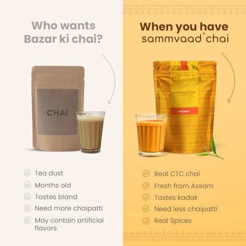 Image of Sammvaad Masala Chai - 250g | Kadak Assam CTC Tea with Ginger & Cardamom | Strong & Aromatic | Makes 135 Cups | Freshness Sealed Pack