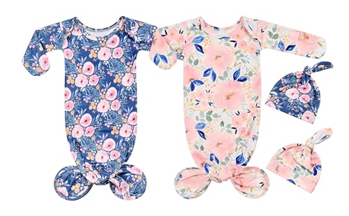 Image of Giggle Angel Newborn Baby Sleeper Gown Knotted Gown Baby Girl Coming Home Outfits 2-Piece Gown and Hat Set (Purple and Pink, 0-3 Months)
