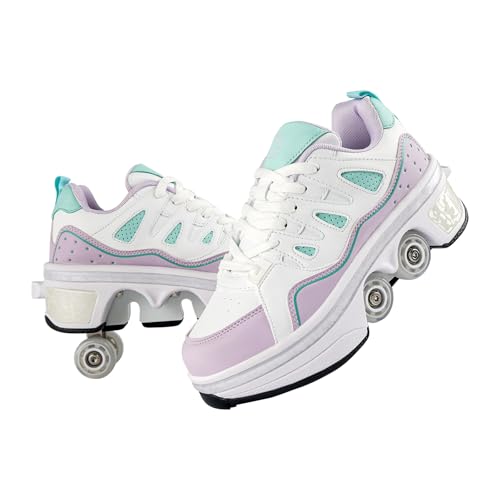 2-in-1 Unisex Roller Skate Shoes with Retractable 4 Wheels - Invisible Deformation & Removable Pulley, Ideal Retractable Roller Shoes for Women for Girls, Boys & Children Purple