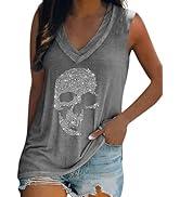 Fronage Women's Rhinestone Skull Tank Tops Loose Graphic V Neck Sleeveless Tee Shirt