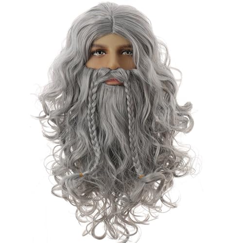 Maripabon Grey Wig and Beard Wizard Costume Wig Accessory Long Gray Wizard Beard and Wig Set Reusable Fake Beard Sorcerer Party Dress Up for Halloween Cosplay-Braids Style