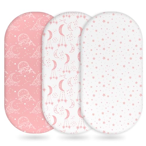 Image of Unnivoll Baby Bassinet Sheets Girl Boy, Fitted Bassinet Sheet Set 3 Pack Bassinet Mattress Sheets Universal Fit for Rectangle, Round, Oval, Hourglass Mattress, Soft Breathable Pink White Moon
