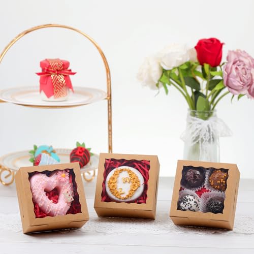 JCXGRVC 50 Pack Cookie Boxes with Window 4x4x2 Inch,Bakery Boxes, Chocolates Strawberries,Treat Boxes, Mini Cake Boxes, Pastry Dessert Boxes for Candy, Cupcakes- Kraft Paper