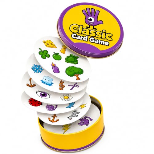 Image of DOBBLES Classic Card Game | Fast-Paced Matching & Observation Family Game | 55 Circular Cards | 5 Mini Games in 1 | Brain Training, Travel Game for Kids & Adults | Ages 6+ | 2-8 Players