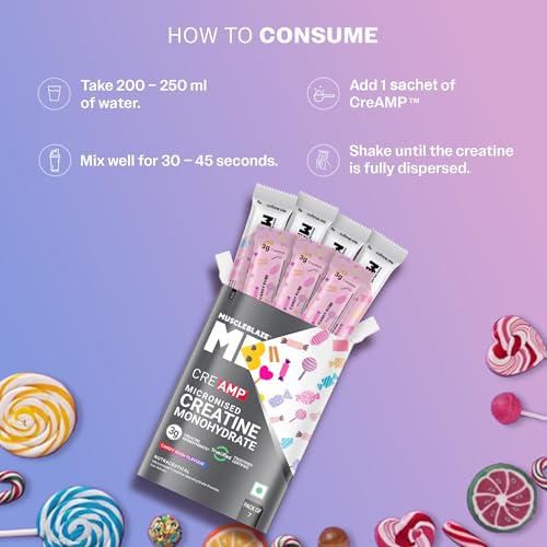 Image of MuscleBlaze Micronised Creatine Monohydrate CreAMP Powder, 7 Sachets | Candy Rush | Trustified Certified Creatine | Travel Pack