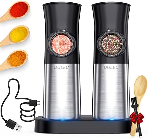 Rechargeable Electric Salt and Pepper Grinder Set, DULEC Gravity Salt & Pepper Mill Sets with Charging Base, Automatic Pepper Grinder, Adjustable Coarseness, LED Light, One Hand Use, 2 Pack