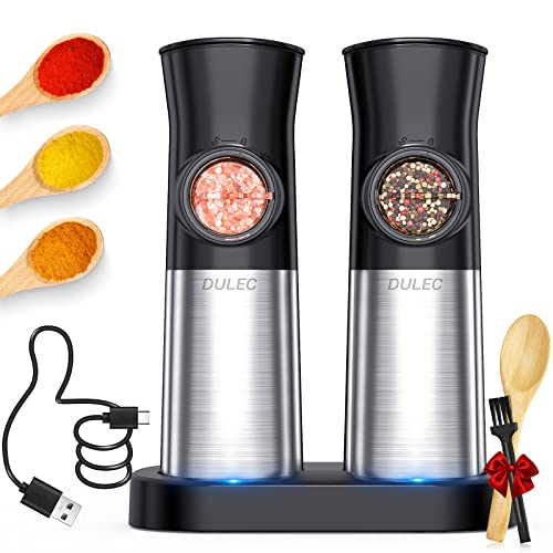 Rechargeable Electric Salt And Pepper Grinder Set, Dulec Gravity Salt & Pepper Mill Sets With Charging Base, Automatic Pepper Grinder, Adjustable Coarseness, Led Light, One Hand Use, 2 Pack #TOP1