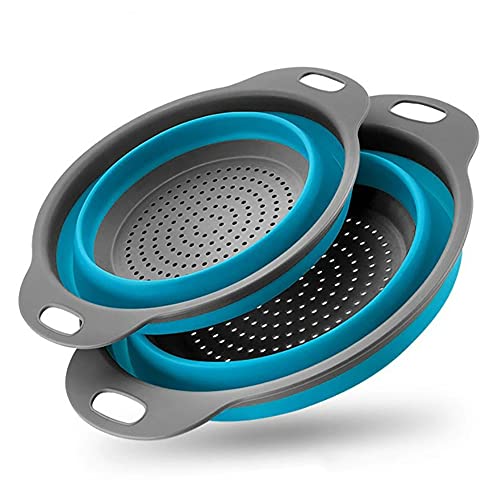 Alnicov Collapsible Colander,2 Collapsible Colanders Set,Silicone Vegetable/Fruit Flexible strainer,Folding Strainer for Kitchen(Blue)