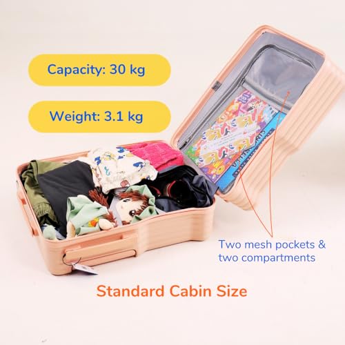 Image of nomado Scoot-Case 6-Wheel Cabin Bag for Kids, Polycarbonate Shell Ride-On Suitcase with Footrest, Phone Holder & Lock, 40L Capacity, Luggage for Boys & Girls, Trolley Bag with 4 Bag Hooks (Peach)