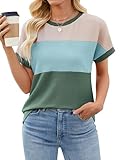 Cakrisyal Womens Color Block T Shirts Tops Fashion Short Sleeve Crewneck Knitted Spring Summer Casual Loose Fit Dark Green