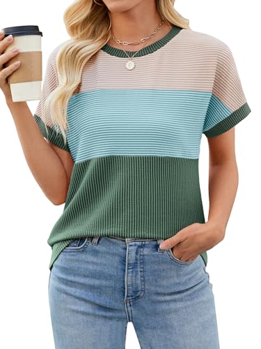 Cakrisyal Womens Color Block T Shirts Tops Fashion Short Sleeve Crewneck Knitted Spring Summer Casual Loose Fit Dark Green