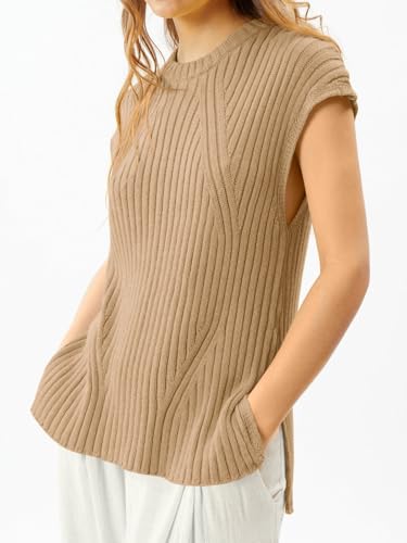 Image of Imily Bela Womens Short Sleeve Sweater Casual Crew Neck Rribbed Knit Split Pullover Summer Tunic Tops
