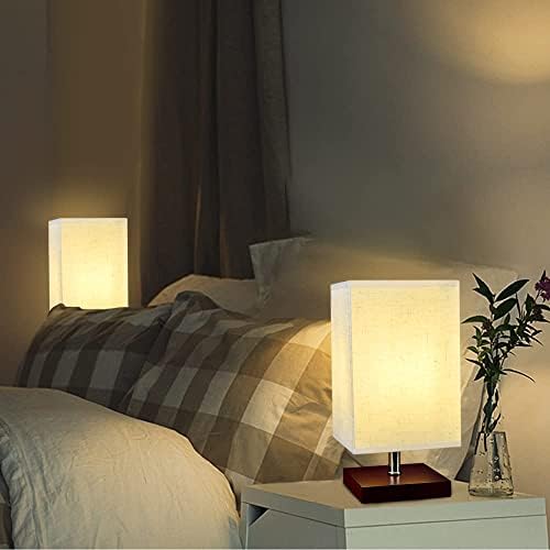 Depuley Bedroom Table Lamp Bedside LED Lights Square Desk Lamp Beige Fittings with Fabric Shades and Solid Wood Base, Nightstand for Living Room Modern, Office, Kids (4W E27 Bulb Included)
