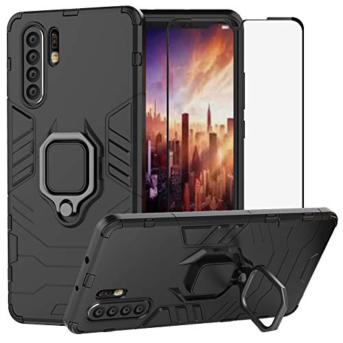 BestAlice for Huawei P30 Pro Case, Hybrid Heavy Duty Protection Shockproof Defender Kickstand Armor Cover [ Full Coverage ] Tempered Glass Screen Protector，Black