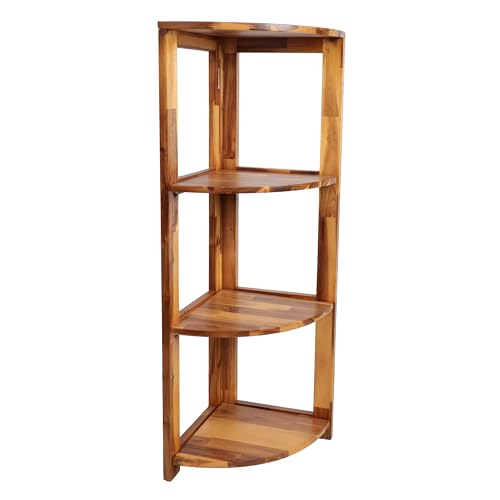 happimess SHF2009A Terra 41 in. H Rustic Handcrafted Acacia Wood 4-Tier Indoor/Outdoor Folding Corner Storage Rack, Natural