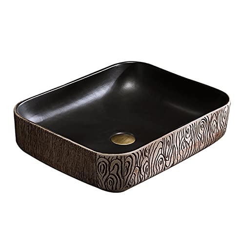 WOTZOV Ceramic Art Bathroom Vessel Sink, Industrial Style Countertop Rectangle Basin Sink Retro For Cloakroom Bathroom, Hand-carved Counter Top Washbasin 40 * 52 * 13cm