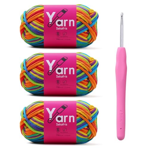Image of Crochet Yarn 150g /163.5yds Cotton Yarn for Crocheting - Crochet Knitting Yarn for Beginners with Easy-to-See Stitches - Yarn for Crocheting - Parfait Chunky Yarn -Cotton-Nylon Blend (Rainbow)