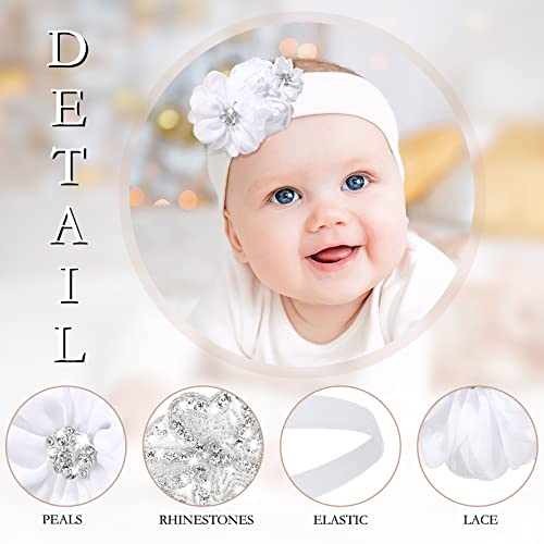 6 Pcs White Baptism Headband for Baby Girl Toddler Elastic Chiffon Flower Crystal Lace Headbands Christening White Baby Baptism Headband Gifts Birthday Baby Shower Party(Elegant Style)3