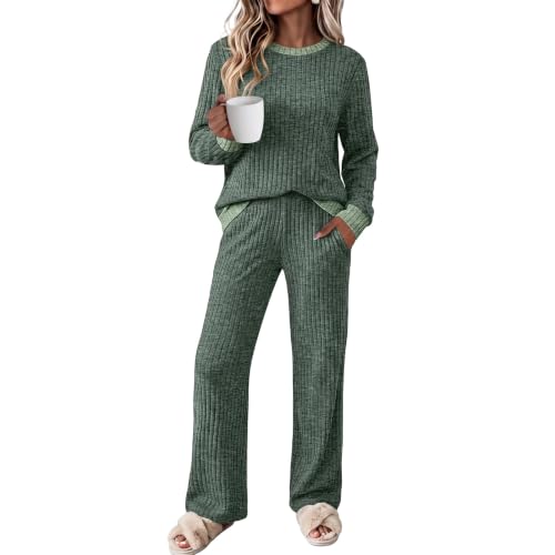 Ribbed Two Piece Set Women Color Block Ribbed Knit Tops and Pants Set | 2 Piece Outfit, Comfy, Lightweight, Soft, Breathable, Cute, Travel, Lounging, Business Casual, Women Two Piece Outfits Sets