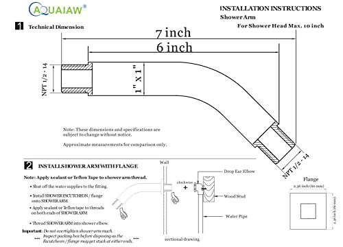 Aquaiaw Square Shower Arm And Anti-Scratch O-Ring Flange, 6 Inch, Solid Brass, Both Soldered 1/2 Npt Tapered Threads, Shower Head Arm, Wall Mount Shower Extension Arm (Brushed Gold) #TOP5