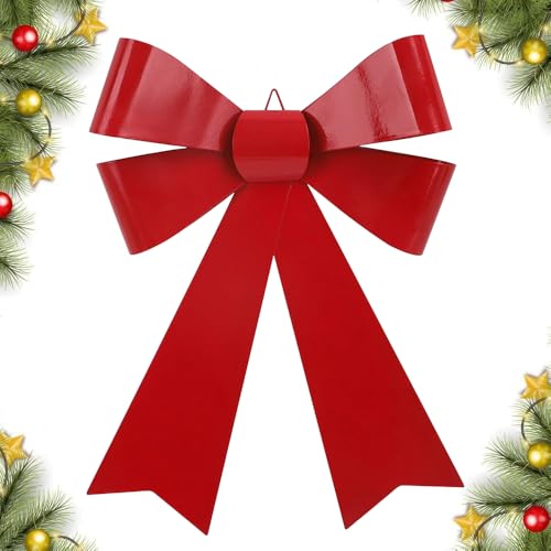 Metal Christmas Red Bow Ornament Large Christmas Tree Topper Bow with Hook Festival Hanging Bows Room Wall Decor for Xmas Garland Wreath Party Wedding Home Indoor Outdoor Decoration, 12.5’’ x 9’’