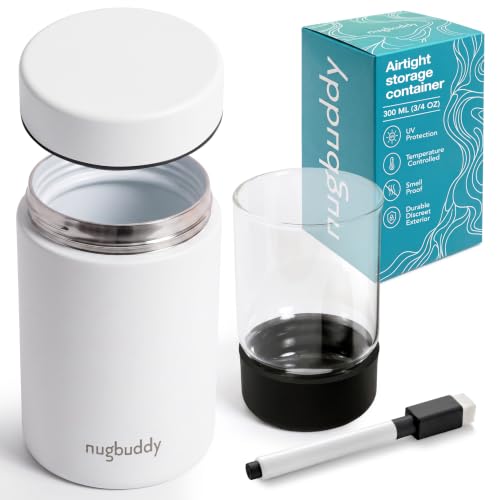 nugbuddy Smell Proof Container - Vacuum Insulated With Nested Glass Jar - UV Protection, Temperature Controlled Storage - Air Tight Stash Jar - Whiteboard Finish + Marker Included- 300 ml (3/4 Oz)