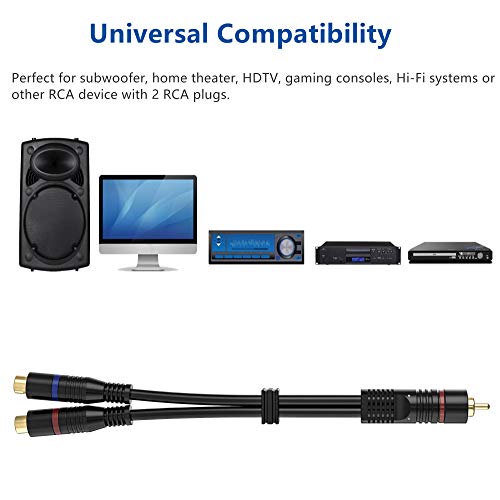 RCA Splitter, 2 Pack RCA Male to Dual RCA Female Y Splitter Cable Stereo to Mono Adapter, 8 Inches Gold Plated Audio Cable Cord for Subwoofer Speaker - Thumbnail 6